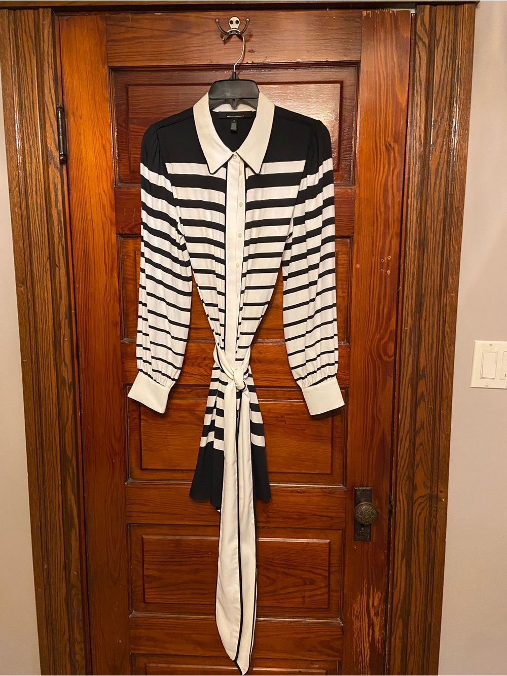 White House Black Market Black and White Striped Tie-Waist Shirt Dress